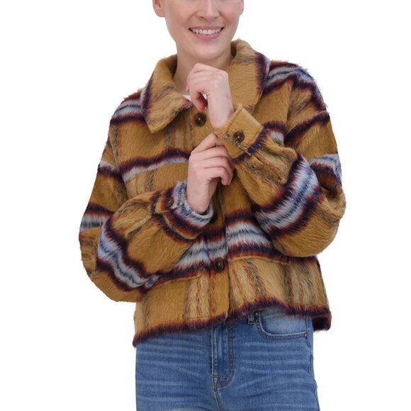 Vigoss M Brushed Plaid Crop Jacket Faux Fur Aztec Western Shacket Chest Pocket - Picture 11 of 16